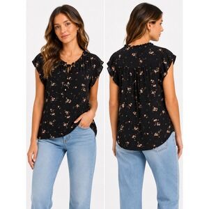 Buffalo David Bitton Blouse Womens Large Black Floral Cap Sleeve Boho Top